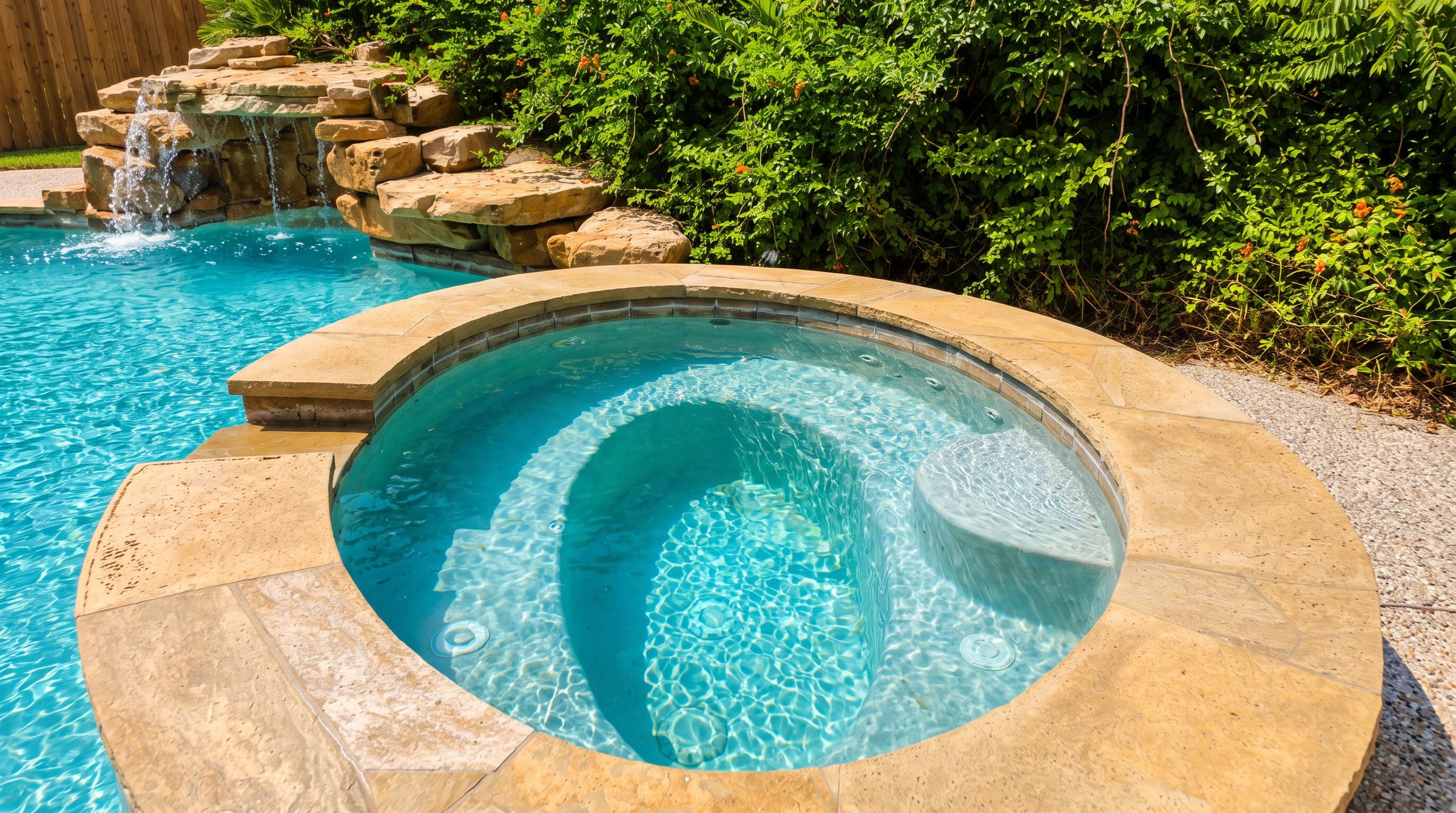 The heated pool with its stone waterfall in the backyard